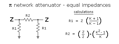 pi attenuator network schematic for equal impedances
