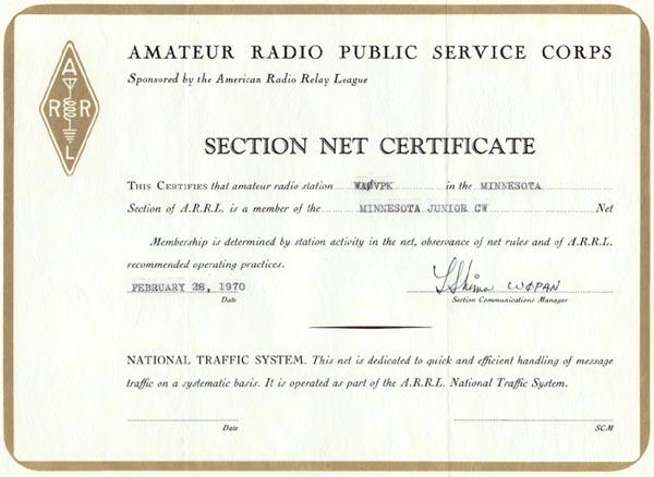 WA0VPK Minnesota Section Net Certificate 1970