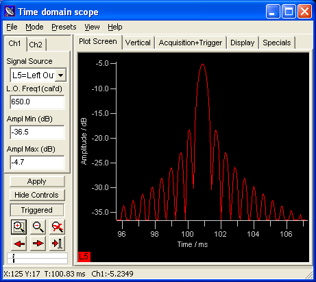Chirp filter output, displayed in the time domain