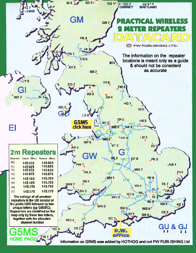 U.K. 2 meter repeater site map with input & output frequencies