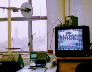 GB3XG received in the lab in 1996 via the dish and LNB. Bristol's Cabot Tower is clearly visible through the window.