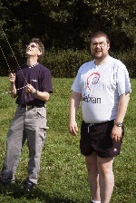 Barry(G8YNL) and Mike(G7OBS) wearing his ?esbian tee-shirt .