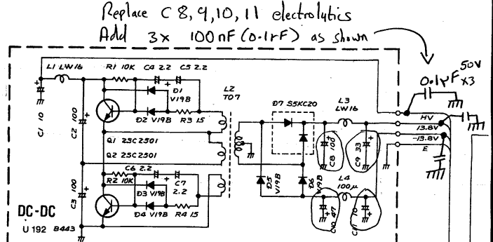 Fig. 3. IC-2KL DC-DC Converter Schematic, with Icom UK modficiations (courtesy G4BGW).