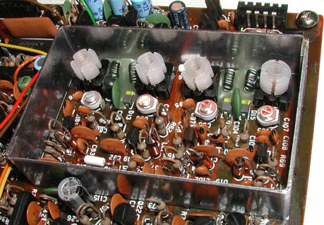 Fig. 2. IC-745 HPL VCO box, showing ceramic trimmers. Note color codes, and C107 on right.