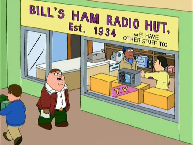  there Peter is watching TV though the window of a Bill's Ham Radio Hut.