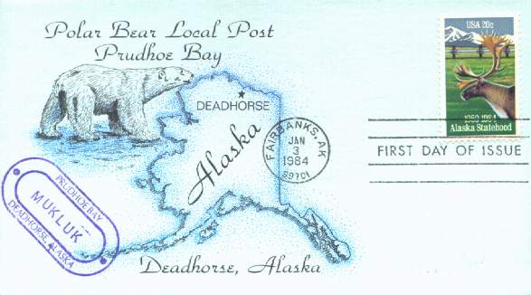 Scan of a beautiful cover from the Polar Bear Local Post for the 1984 Alaska Statehood issue.