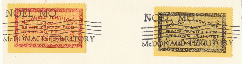 Illustration of two McDonald Territory stamps with "cancellation" device