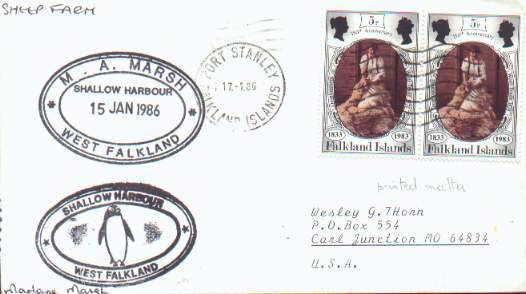 Cover with several "chops" and private rubber stamped markings from the Marlane Marsh sheep farms in the Falkland Islands.