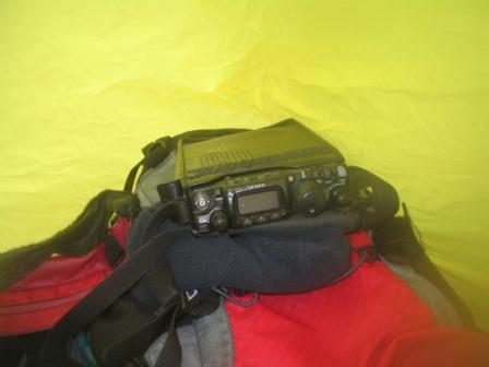 Yaesu FT-817 inside the bothy bag on summit