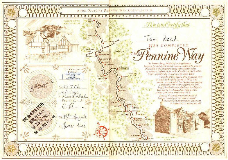 Tom's Pennine Way completion certificate