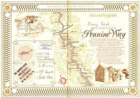 Jimmy's Pennine Way completion certificate