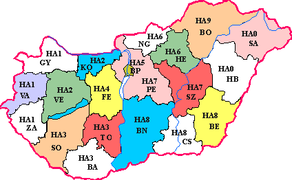 Map of Hungary with HA prefixes and counties