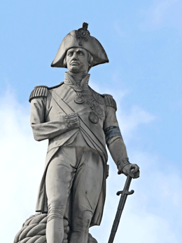 Statue of Horatio Nelson in 18th century uniform with his right arm missing