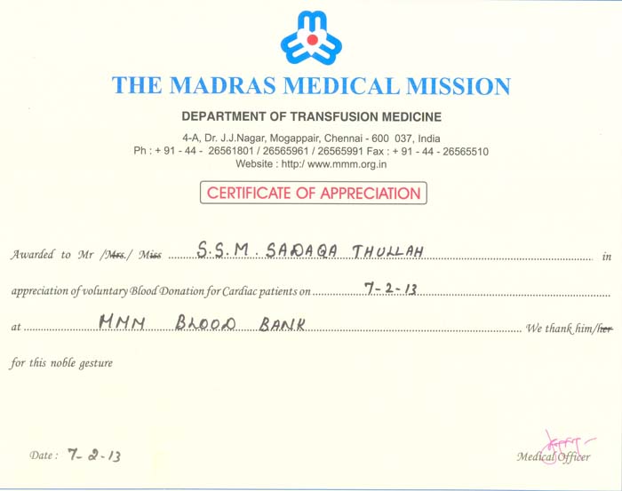 Blood Donor Certificate - Madras Medical Mission Hospital.