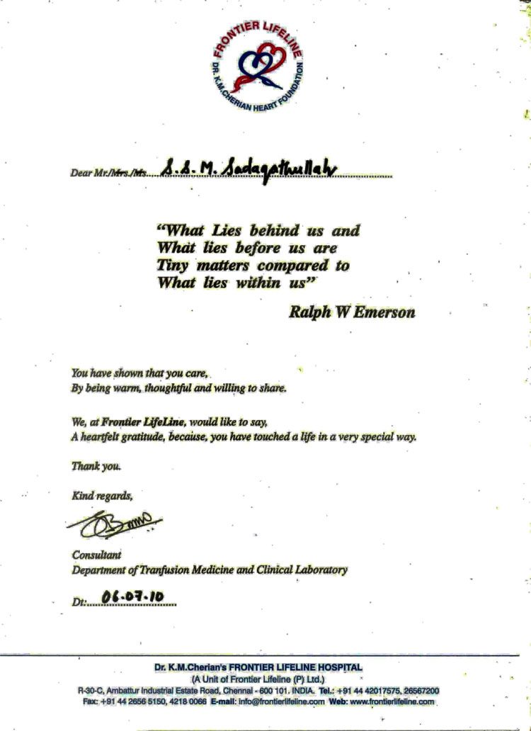 Certificate Of Appreciation - Frontier Lifeline Hospital, Mogappair, Chennai.