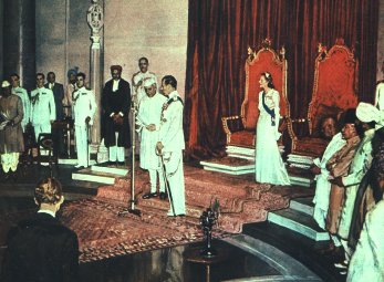 Pandit Jawaharlal Nehru being sworn in as India's first Prime Minister by Lord Mountbatten on August 15, 1947