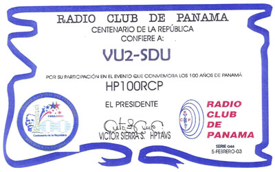 Radio Club Of Panama Certificate