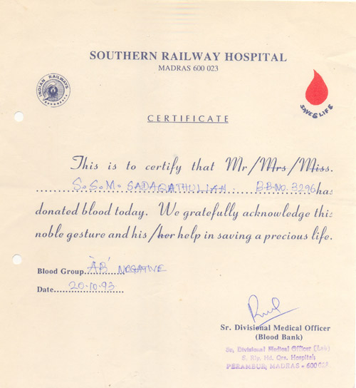 Blood Donor Certificate - Railway Hospital.