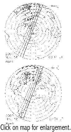 Maps of globe directly below Leonid radiant at likely peak times, 2000.  Click for enlargement