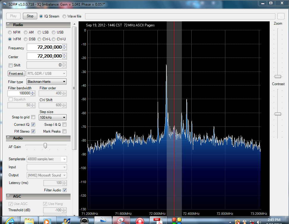 SDR# display showing ASCII pagers between Ch 4 and Ch 5 (72-MHz)