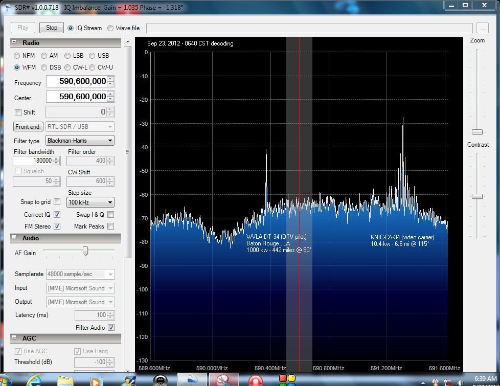 SDR# display showing WVLA-DT-34 pilot (decoding) and local KNIC-CA-34 NTSC video carrier