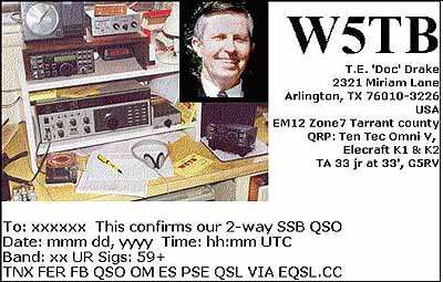 sample qsl card with composit photo of Doc and his station showing ten tec omni V, k1 and k2 -- clicking this picture links to eqsl site