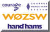 White card with W0ZSW in bright orange, Courage logo upper left, handiham logo centered at bottom in blue