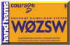 Orange card with W0ZSW and Courage logo in blue, handiham logo runs vertical across left side, white in blue stripe