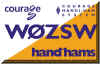 Card split diagonally into white and orange triangles, Courage logo in upper left, W0ZSW in blue across center, handiham logo in blue at lower right