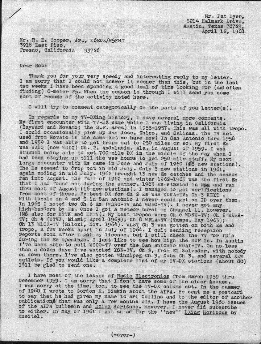 scan of carbon of WA5IYX April 12, 1968 letter to K6EDX - page 1