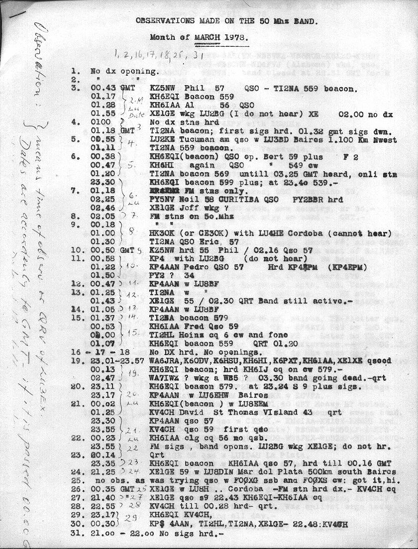 LU3EX 50-MHz DX Report - March 1978