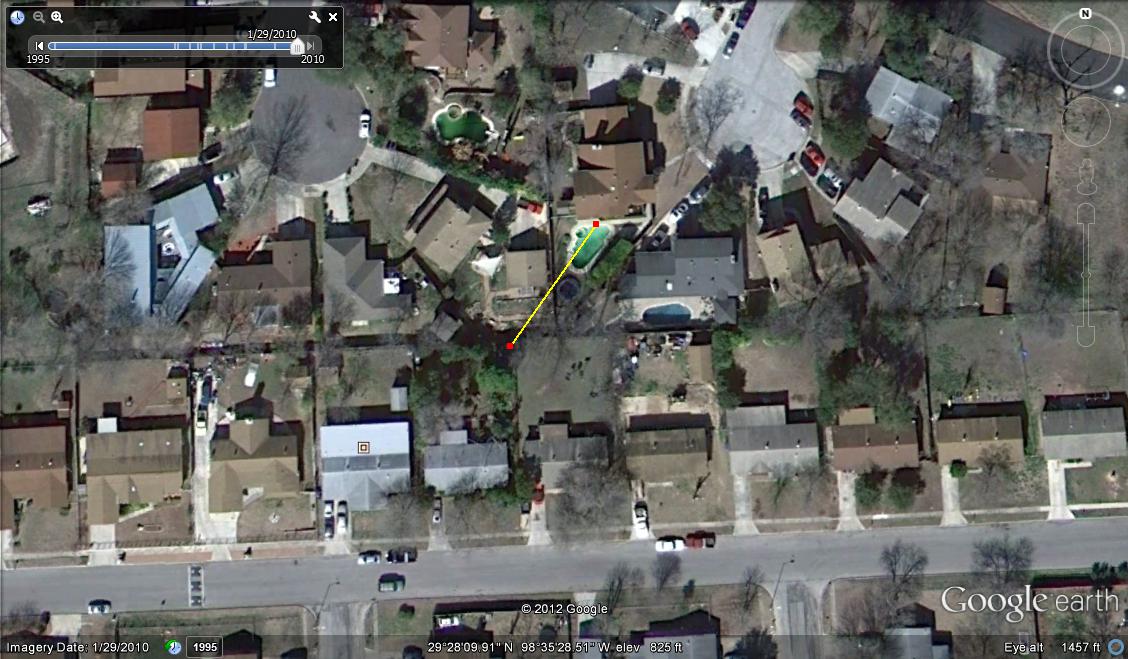 Google Earth view of my immediate environs with one 137-MHz RDF RFI bearing