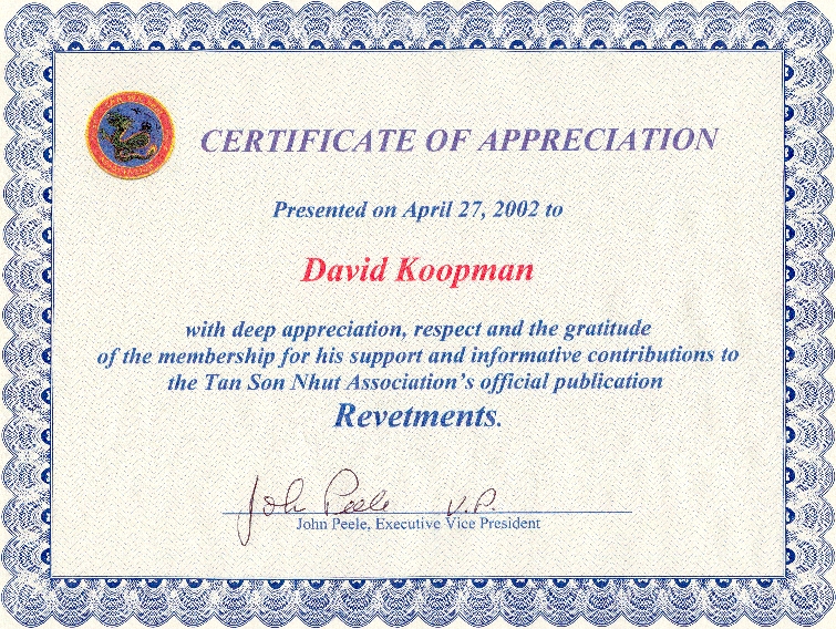 TSN Association Certificate of Appreciation