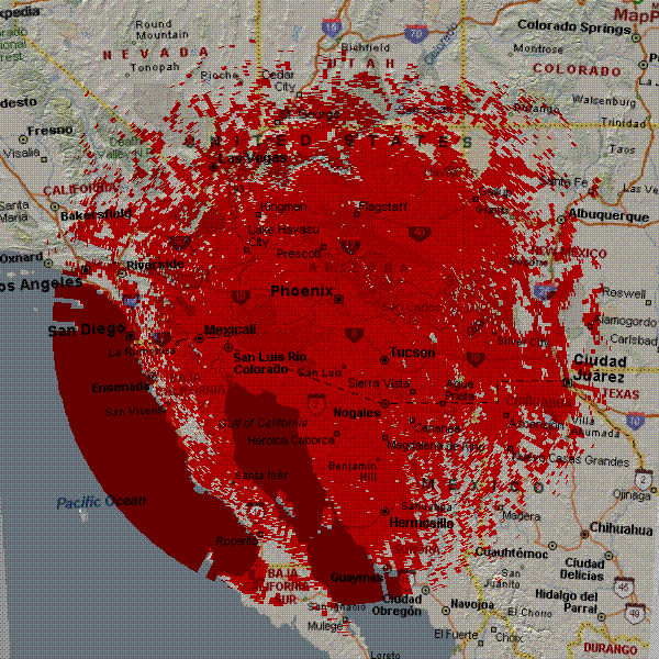 ANSR repeater coverage map at 100000 feet when launched from central Arizona