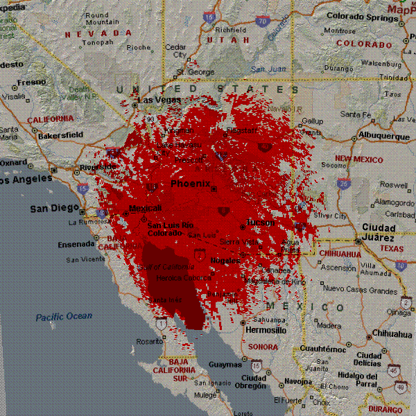 ANSR repeater coverage map at 50000 feet when launched from central Arizona