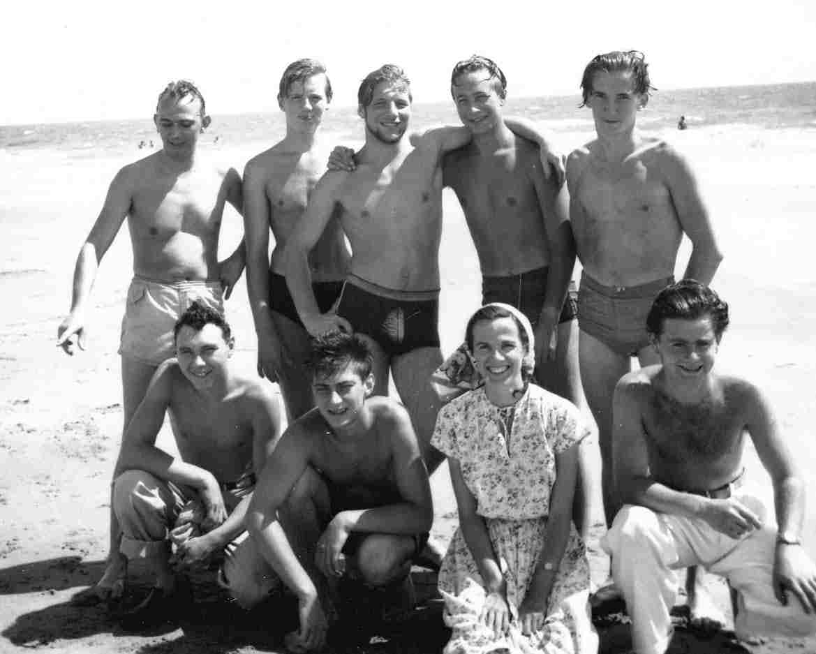 Sparks and some crew on beach at Karachi, Pakistan