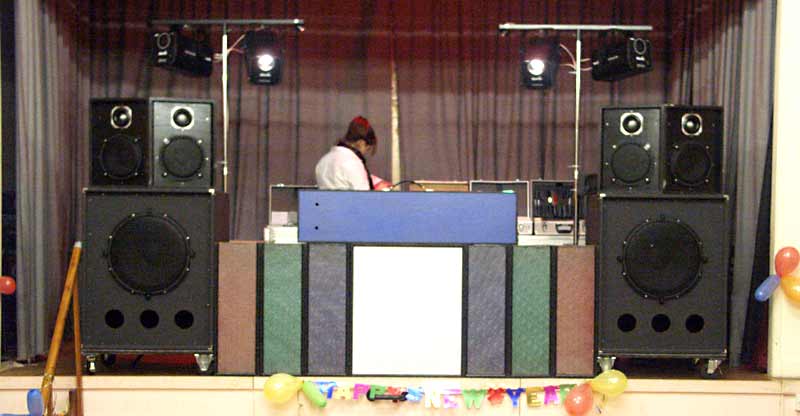 My disco, set up on a stage.