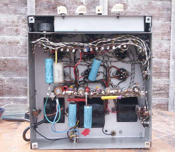 The underside of the Concert Master vintage valve amplifier