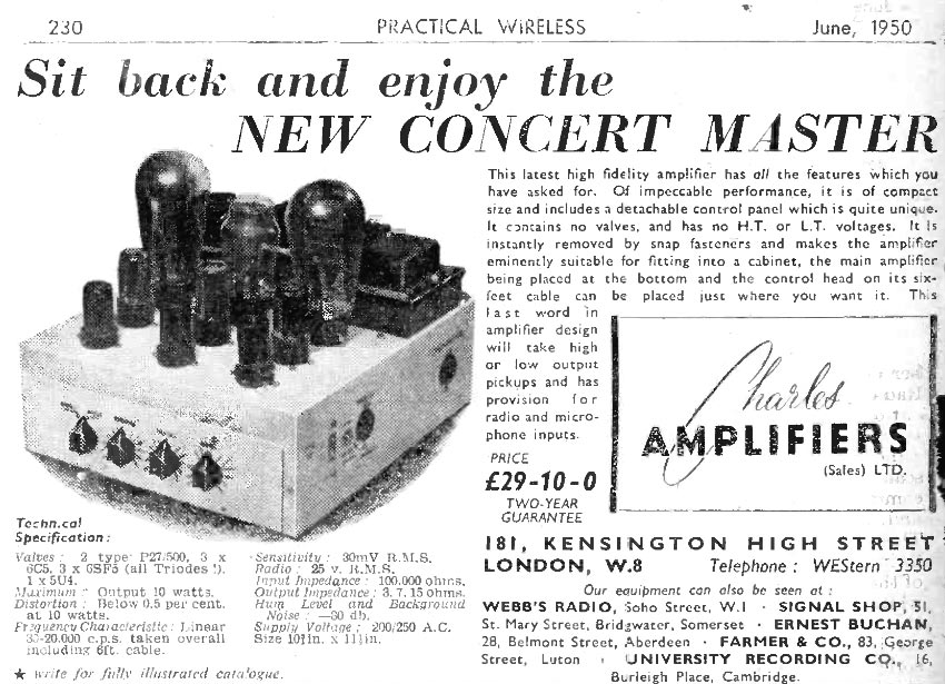 Advert for the Concert Master vintage valve amplifier