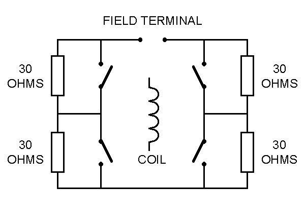 Circuit diagram of the Coxparo regulating circuitry, showing series resistances and switching