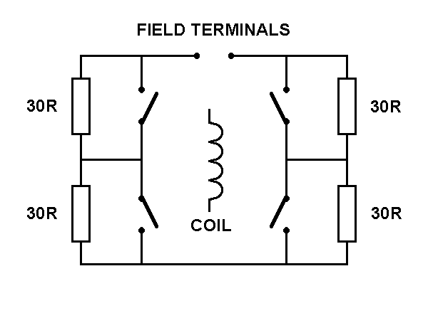 Circuit diagram of the Coxparo regulating circuitry, showing series resistances and switching