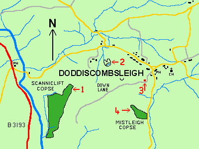 A map of Doddiscombsleigh identifying the locations of the old workings