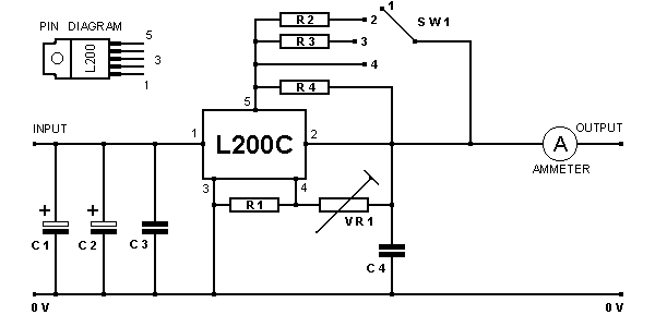 A circuit diagram of a current limited power supply for use in rust electrolysis, by Andrew Westcott.