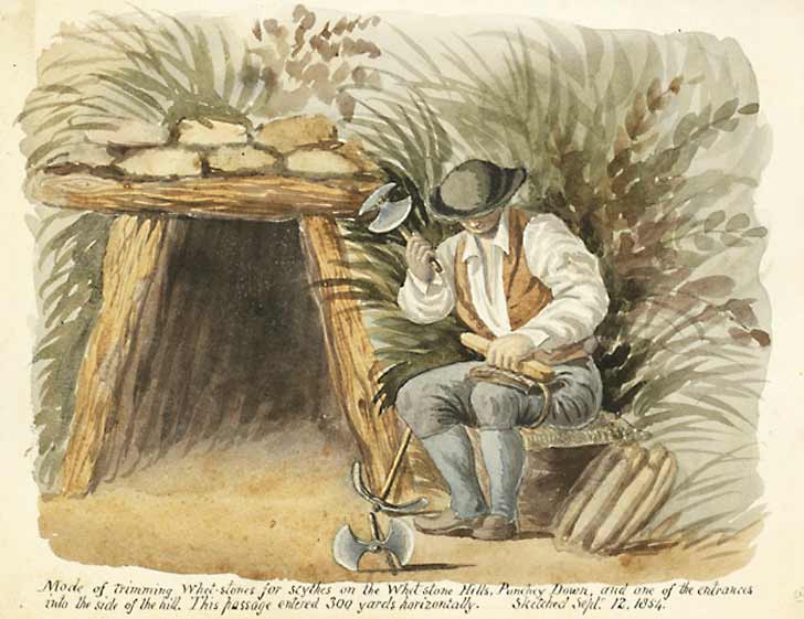Watercolour painting of a whetstone miner, dated 1854