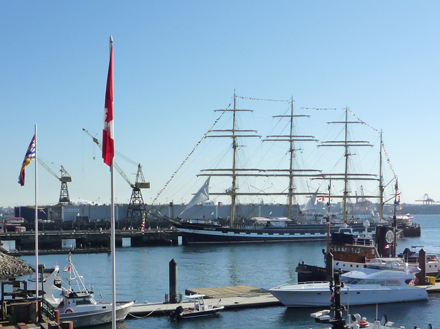 Russian tall ship "Kruzenshtern" at Lonsdale Quay, North Vancouver, Feb. 2010.  Click for overall view of harbour and ship.