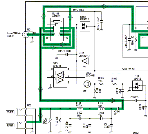Fig.1: IC-756Pro3 RX-ANT Input Circuit (p/o RF-B Unit). Image courtesy Icom Inc.