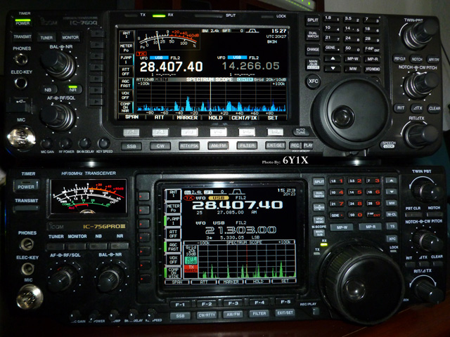 IC-7600 and IC-756Pro3 front panels compared. Photo: Robert Garth, 6Y1X.