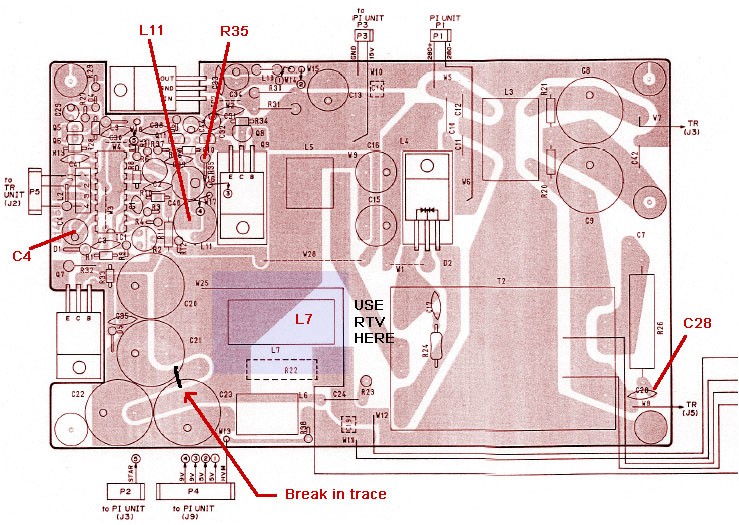 Fig.1: Component-side layout diagram of REG Unit circuit board. Original image courtesy Icom Inc. Annotated by K8KC.