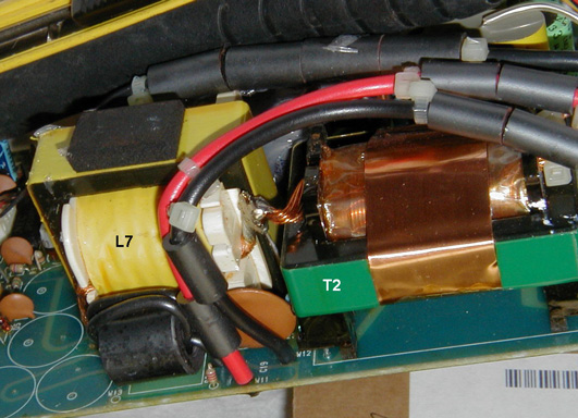 Fig.4: View of REG unit circuit board, showing L7 and T2. Click for larger image. Copyright 2004, K8AC.