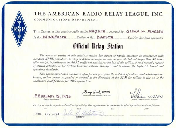 WA0VPK OFFICIAL RELAY STATION 1970